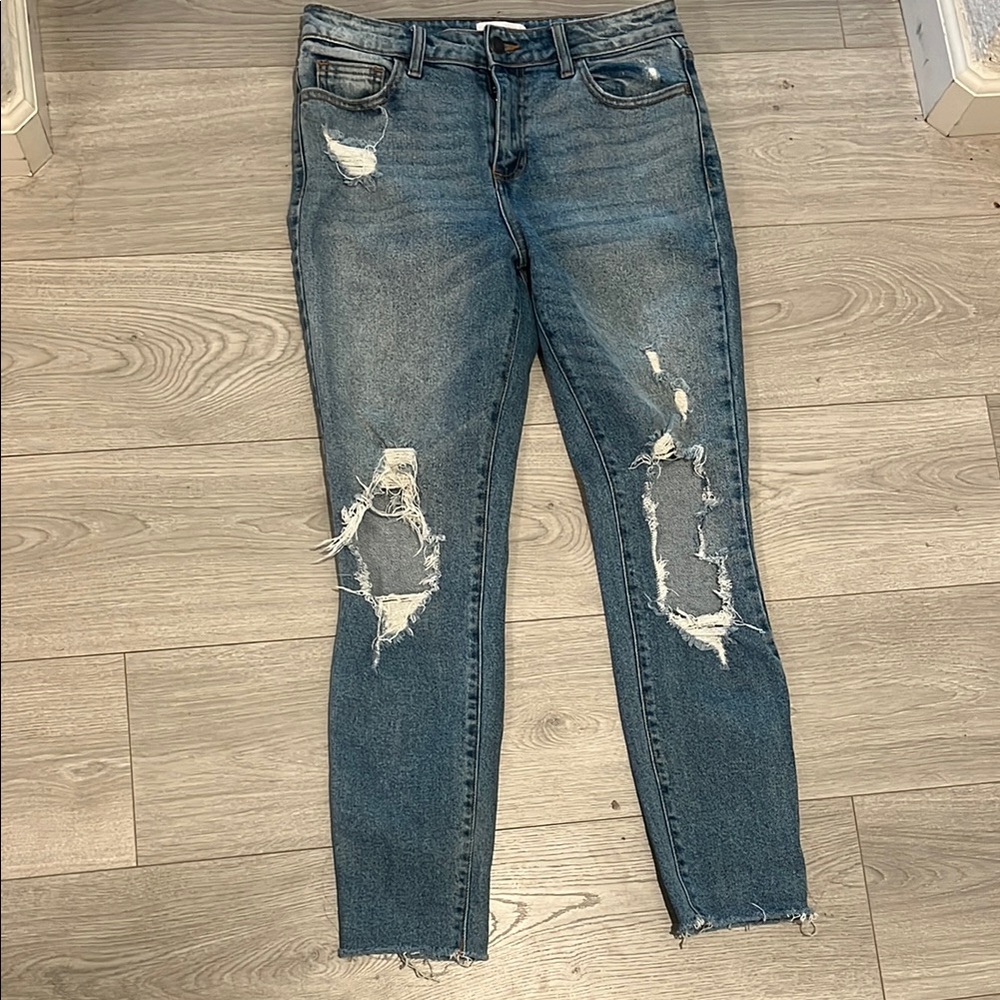 Cello Blue Straight/skinny Distressed Jeans